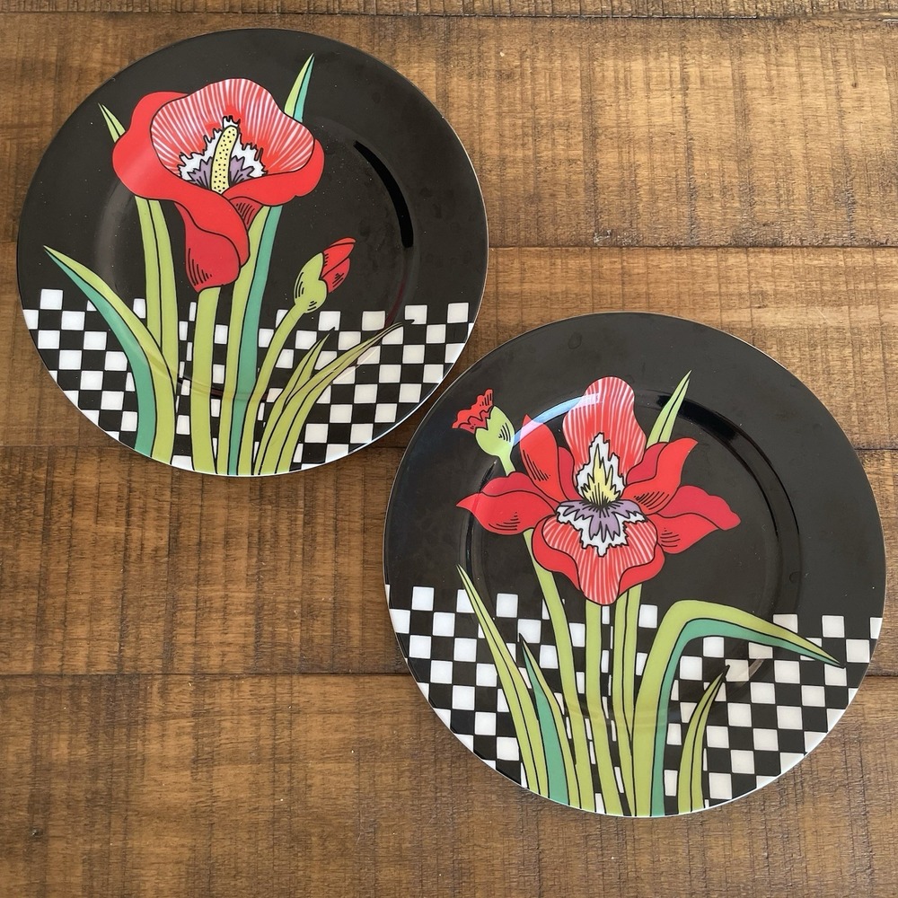 Vtg 2 Fitz & Floyd Jardin Rouge Dessert Salad Plates 7.5" Lily Flower Checkered